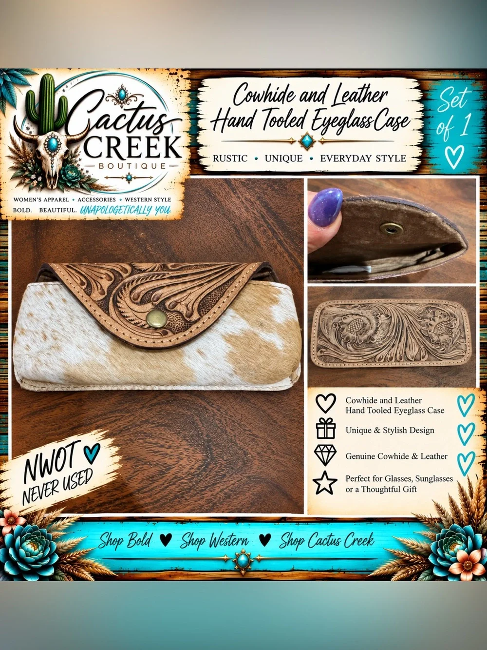 Cactus Creek Brown & White Cowhide Hand-Tooled Leather Eyeglass Case